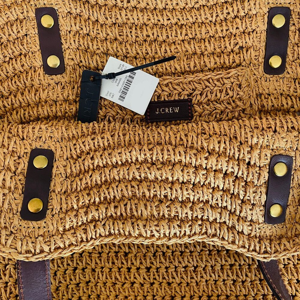 NWT J. Crew Woven Straw Market Tote Bag With Leather Handles and Gold Hardware - Picture 3 of 6